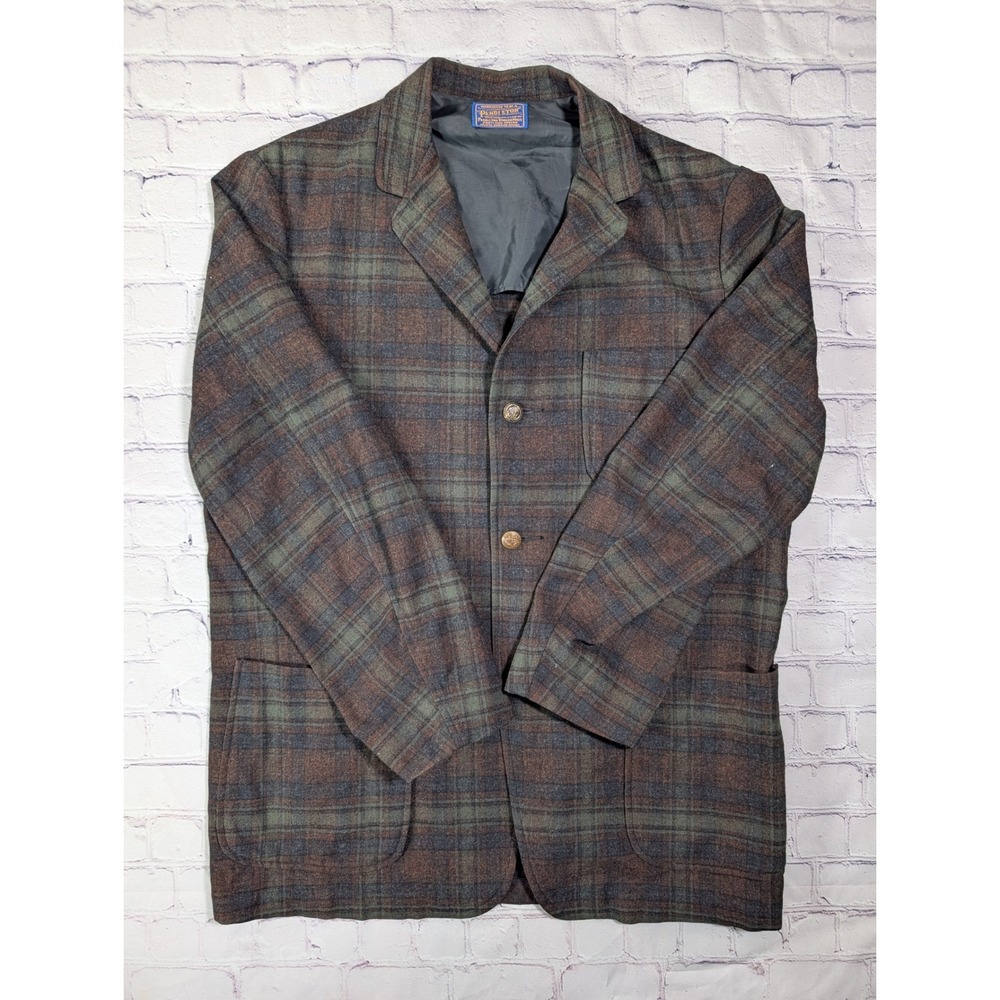 Pendleton Wool Blazer Mens L XL Green Brown Plaid USA Virgin Wool Crest Button
